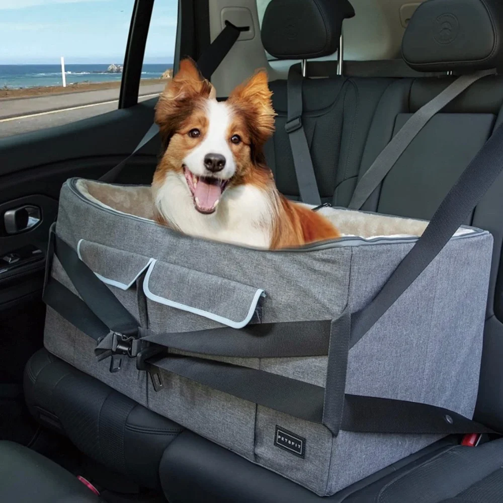 Dog Booster Car Seat with Washable Double Sided Cushion and Storage Pocket